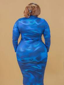 CurvyTilda Robe longue ajustée à manches longues avec col rond, motif vague minimaliste casual, grandes tailles - Multicolore - Voir 5