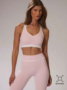 Musera Sport Áo ngực thể thao cổ tròn phối màu tương phản, kiểu lưng chữ Y, thích hợp cho mùa đông, tập luyện thể thao, tập gym, trượt tuyết, thể dục ngoài đường trượt. - Màu Hồng baby - Xem 1