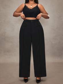 Truni Pantalones rectos casuales/de negocios de un solo color, talla grande - Negro - Ver 8