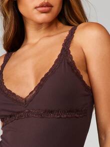 MISSGUIDED Lace Trim Plunge Neckline Bodysuit With Adjustable Straps Fitted Silhouette Lingerie Style Top For Night Casual Wear - Brown - View 5