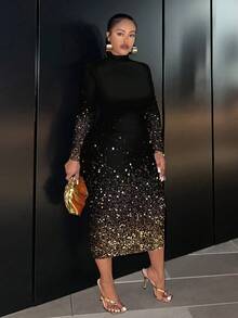 Slaydiva Elegantes goldenes Farbverlauf-Glitzer-Muster, schwarzes Maxikleid, Geburtstagskleid, Weihnachtsparty, lässiges minimalistisches Langarmkleid in Große Größen mit Rundhalsausschnitt und figurbetonter Passform, geeignet für Herbst-/Winterpartys - Verschiedenfarbig - Übersicht 3