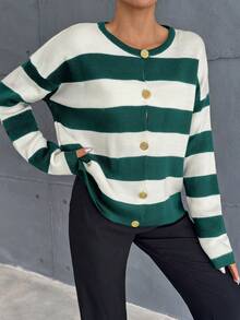 EURMUSE Elegant Contrast Color Stripe Color Block Round Neck Long Sleeve Golden Button Detailed Cardigan - Dark Green - View 6