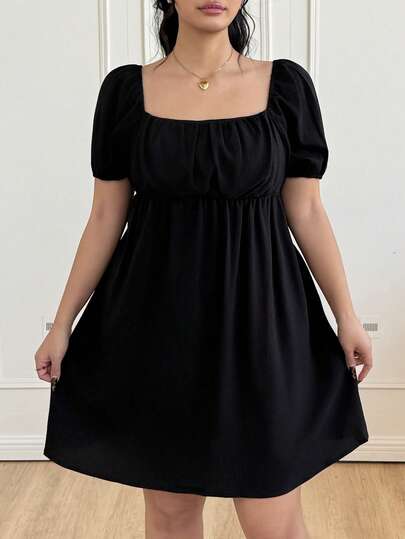CovetEZ Plus Size Square Neck Black Babydoll Resort Dress,Graduation Dress