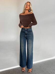 Aloruh Dark Brown,Autumn,Chic,Night Out Women's Off The Shoulder Long Sleeve Knit Top,Elegant Shoulder Cutout Coffee Brown T-Shirt,Cozy Fall Winter Office - Coffee Brown - View 3