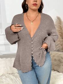 SHEIN Frenchy 大码女式休闲日常通勤简约百搭纯色深V领落肩宽松单排扣仿珍珠纽扣外套，秋季款 - 棕色 - 查看 4