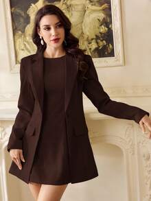 Vintamour Women 2 Pieces Vintage Elegant Dress & Blazer Coat Set For Autumn Winter - Coffee Brown - View 7