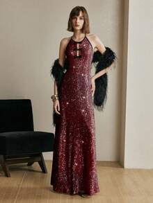Arave Đầm dự tiệc thanh lịch cổ yếm chữ V đính sequin dành cho nữ - Đỏ - Xem 4