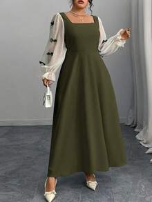 Modelyn Plus Size Women Elegant Commuter Color Block Bow Decor Midi Dress - Army Green - View 3