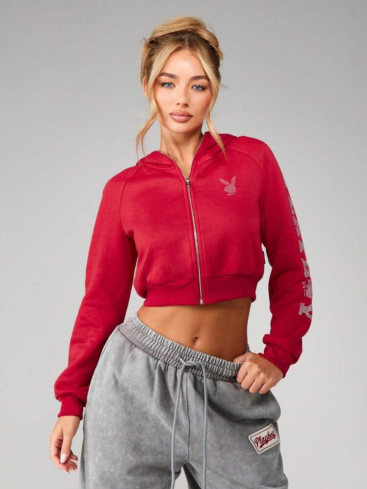 Missguided x Playboy Rhinestone Bunny Logo Cropped Zip Up Hoodie With Drawstring Long Sleeve Casual Sweatshirt For Fall Winter