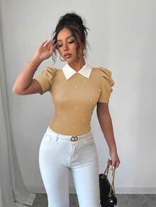 Elenzga 优雅日常穿搭翻领黑白撞色泡泡珠饰修身女式T恤 - 杏色 - 查看 3