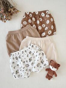 SHEIN 4pcs/Set Baby Girls' Solid & Printed Comfortable Casual Versatile Woven Shorts, Suitable For Loungewear And Fashionable Outings - Multicolor - View 1