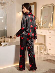 LuxeNights Heart Print Faux Silk Lapel Collar Long Sleeve Pajama Set - Black - View 2