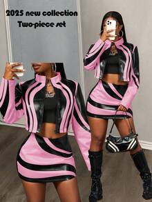 Slaydiva 2025 Autumn New Halloween Birthday Party Banquet College Style Student Daily Casual Cruise Travel Viral Streetwear Sexy Club Y2K Punk Racing Motorcycle Inspired Women 2-Piece Set: Long Sleeve Fitted Jacket + Bodycon Mini Skirt, Black With Yellow PU Ink Print, Autumn/Winter Pink Two Piece Set 2 Piece Matching Sets - Pink - View 1