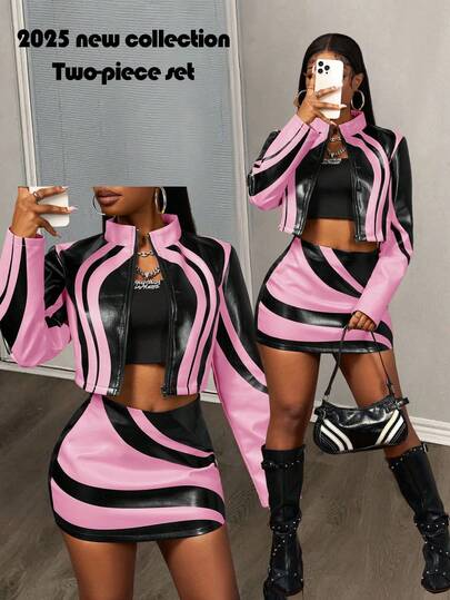 Slaydiva 2025 Autumn New Halloween Birthday Party Banquet College Style Student Daily Casual Cruise Travel Viral Streetwear Sexy Club Y2K Punk Racing Motorcycle Inspired Women 2-Piece Set: Long Sleeve Fitted Jacket + Bodycon Mini Skirt, Black With Yellow PU Ink Print, Autumn/Winter Pink Two Piece Set 2 Piece Matching Sets