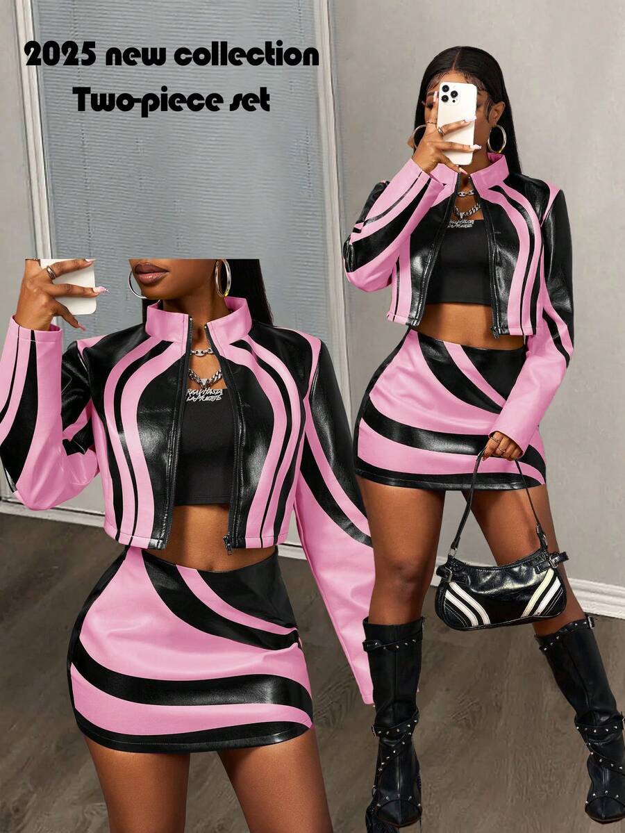 Slaydiva 2025 Autumn New Halloween Birthday Party Banquet College Style Student Daily Casual Cruise Travel Viral Streetwear Sexy Club Y2K Punk Racing Motorcycle Inspired Women 2-Piece Set: Long Sleeve Fitted Jacket + Bodycon Mini Skirt, Black With Yellow PU Ink Print, Autumn/Winter Pink Two Piece Set 2 Piece Matching Sets - Pink - View 1