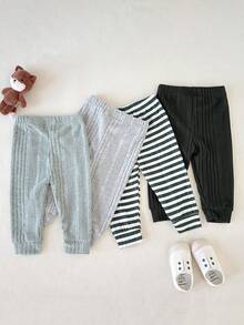 SHEIN 4pcs Baby Boys' Casual Daily Elastic Waist Fleece Uneven Ribbed Striped Dark Green Green Gray Embroidered Smiling Face Embroidered Patch Pants, Comfortable For Outings Or Home, Suitable For Spring/Autumn - Multicolor - View 2