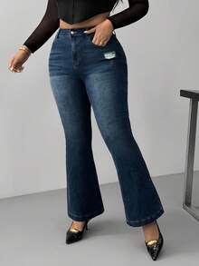 Hourglow Plus Size Women Casual Commuter Street Distressed Flare Jeans/Autumn /Winter - Blue - View 3
