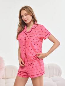 Bonmuse Bộ đồ ngủ mùa hè in hình trái tim nhỏ 2 món cho nữ, áo sơ mi cài nút tay ngắn và quần short, đồ mặc nhà thường ngày cho mùa hè., Bộ đồ hai món - Màu Hồng  San hô - Xem 4
