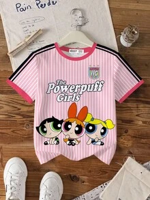 THE POWERPUFF GIRLS X SHEIN Tween Girl Striped And Blossom, Bubbles, Buttercup Pattern Short Sleeve T-Shirt - White - View 6