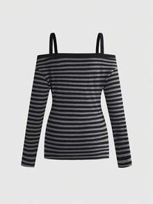 ROMWE Goth Y2K Sexy Off-Shoulder Striped Women Top - Black - View 2