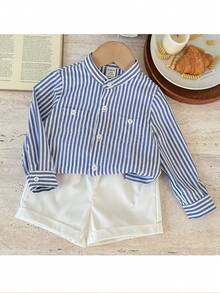 Bộ 2 áo thun kẻ sọc dệt đơn giản và quần short màu trơn cho bé trai - Nhiều màu - Xem 5