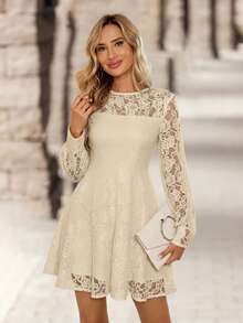 EMERY ROSE Váy ngắn ren trơn màu thanh lịch dành cho nữ khi đi làm - Màu be - Xem 5