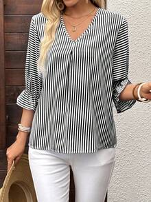 EMERY ROSE 女士条纹V领时尚百搭日常通勤喇叭袖衬衫 - 黑與白 - 查看 5