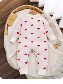 SHEIN Newborn Baby Girl Cute Heart Pattern Knitted Long Sleeve Romper, Autumn/Winter - White - View 2