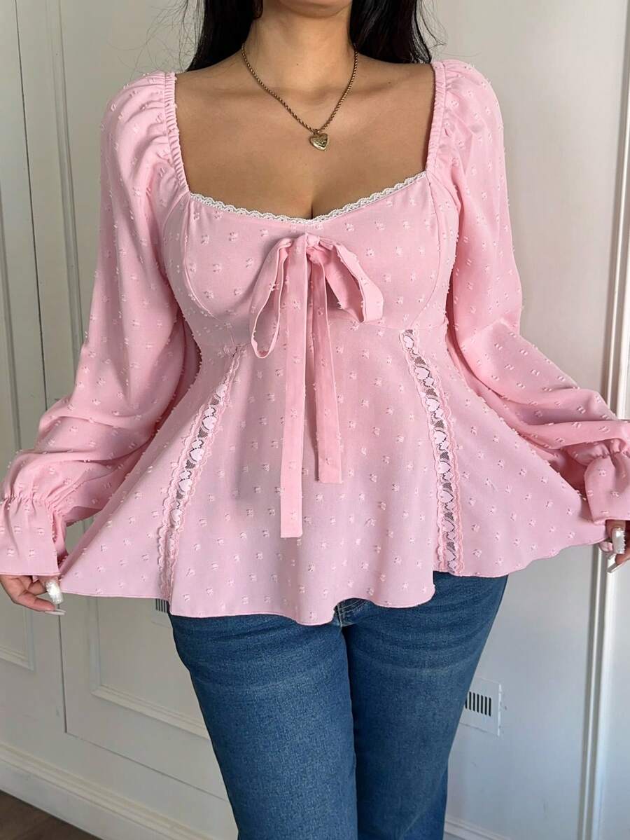 Vibekara Xuân, Hạ, Thu, Nơ Mới Ngọt Ngào Thanh Lịch Vải Ren Họa Tiết Trang Trí Tay Phồng Áo Cánh Nữ, Thắt Eo Áo Sơ Mi Ngắn Không Đối Xứng - Hồng - Xem 1