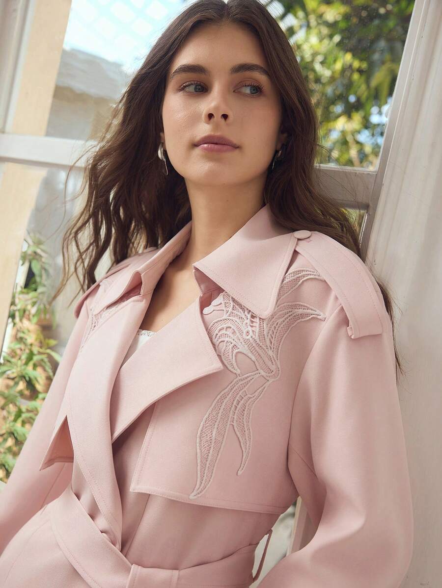 MOTF PREMIUM WOMEN'S CONTRAST LACE SHORT TRENCH COAT, AUTUMN/WINTER - Dusty Pink - View 2