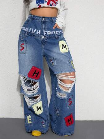 Street Life Y2K Casual Street Style Pocket Embroidery Design Dual Waistband Loose Fit Denim Jeans