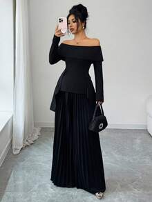 SHEIN Elenzya 2件套女士优雅浪漫褶皱露肩衬衫和裤子商务套装 - 黑色 - 查看 1
