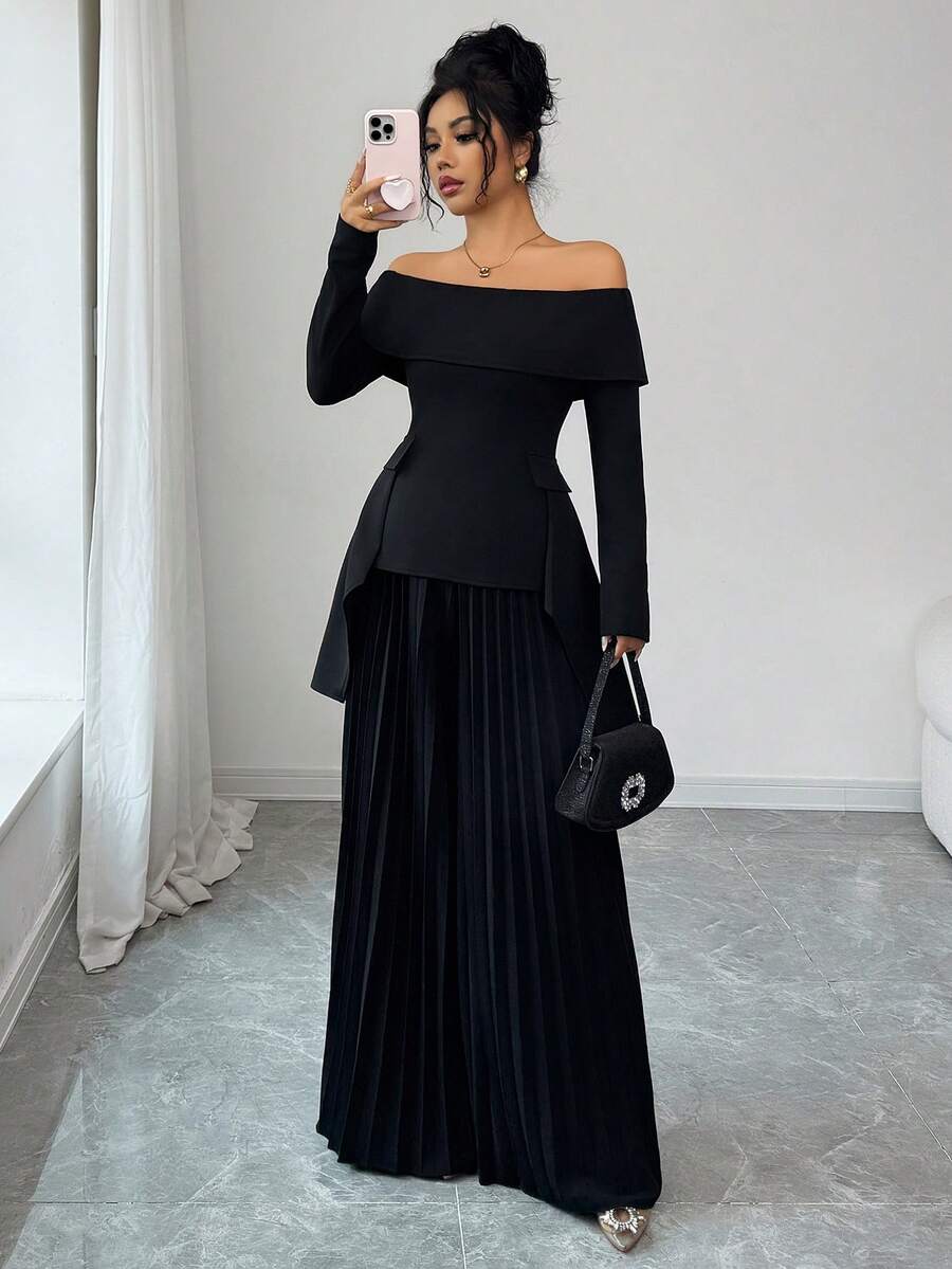 SHEIN Elenzya 2件套女士优雅浪漫褶皱露肩衬衫和裤子商务套装 - 黑色 - 查看 1