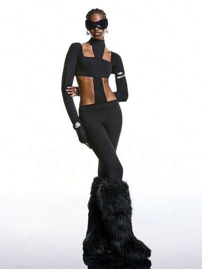 LYSMO 女士纯色立领镂空长袖连体裤，时尚修身款