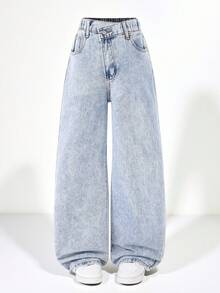 SHEIN Jeans à jambes larges avec décoration de strass en croix, mode pour préadolescentes. Jeans à taille haute, boutons devant, poches multiples, coupe minimaliste taille mi-haute jambes larges. Portables au quotidien de manière décontractée. - Jean clair - Voir 1