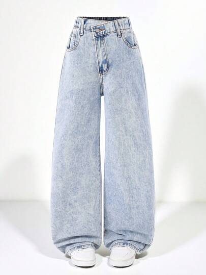 SHEIN Streecool Tween Girl Fashion Cross Rhinestone Decor Wide Leg Jeans, High Waist Front Button Multiple Pockets Minimalist Mid-Rise Wide Leg Jeans, Casual Everyday Wear