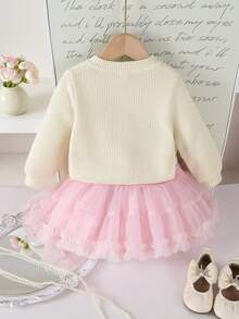 SHEIN Playful Pals 2-Piece Baby Girls Outfit: Apricot Long Sleeve Cardigan With Bow Decor Top + Burgundy Tulle Cake Skirt, Set For Autumn/Winter
