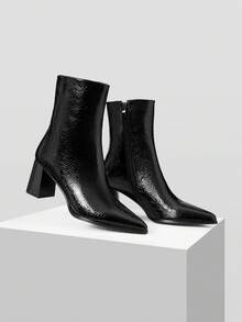 MOTF WOMEN'S SOLID COLOR FASHION POINTED TOE SIDE ZIPPER HIGH HEEL MID-CALF BOOTS FOR CHRISTMAS - Black - View 9