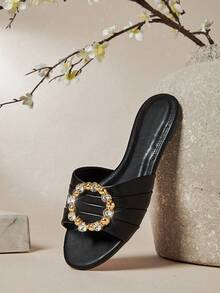 SHUZIA Women's Minimalist Elegant Rhinestone Decor Flat Sandals Valentine's Day - Black - View 4
