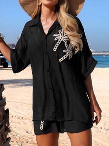 Swim Vcay Spring/Summer Elegant New Arrival 1 Piece Woven Solid Color Coconut Tree Patterned Decorative Short Sleeve Resort-Style Women Swimwear Kimono - Black - View 12