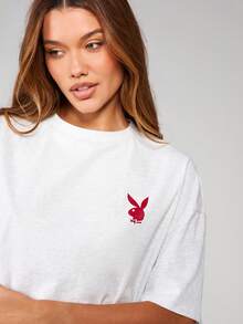 Missguided x Playboy 超大杂志印花睡裙，圆领短袖，舒适家居服，休闲装 - 淺灰色 - 查看 5