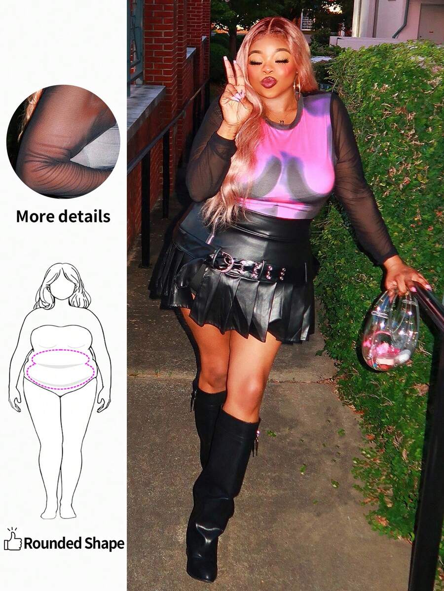 Enliva Traje De Festa Teenew De Malha De Contraste Gráfico De Tamanho Grande, Roupa De Aniversário De Manga Longa Sexy De Clube, Conjunto De Roupas Sensuais Para O Dia Dos Namorados Festa De Despedida De Solteiro, Roupas De Primavera Para Mulheres - Rosa Quente - Ver 1