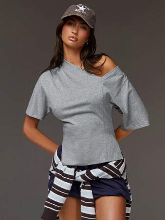 Athîral 女士休闲不对称短袖开衩下摆灰色T恤，春季款