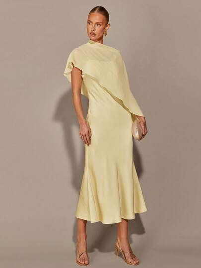 COSMINA 2pcs Women's Set, Crop Top And Dress, Fashionable Outfit, Elegant Romantic Set, Valentine's Day Dress, Suitable For Party, Gathering, Date, Wedding Guest Dress, Light Yellow Dress Set, Light Yellow Dress Women