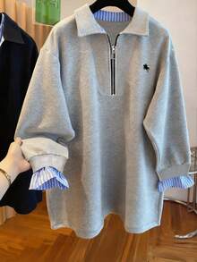 INAWLY Áo nỉ thường ngày in họa tiết ngựa sọc cổ tay dành cho nữ - Xám - Xem 1