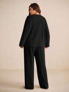 Elaquor Plus Size Casual Solid Color Long Sleeve Top And Pants 2 Pieces Set, Autumn - Black - View 2