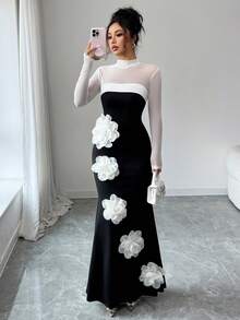 Elenzga 最新款黑白拼布花卉优雅腰部修身女式连衣裙