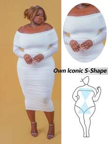 CurvyTilda Plus Size Women's Solid Color Off-Shoulder Long Sleeve Pleated Fitted Elegant Dress, Spring-Summer Homecoming Dress, For Hourglass Body Shape - White - View 8