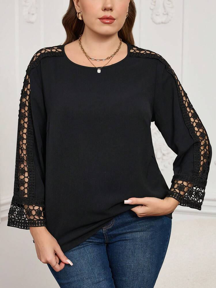 Plus Size Women Casual Everyday Commute Vacation Style Simple Solid Color Patchwork Lace Loose Blouse, Suitable For Spring And Autumn, Going Outs, 2025 New , Simple And Fashionable For Everyday Wear, Plus Size Winter , Comfortable And Breathable, Christmas For Women, New Year , Suitable For Multiple Occasions, Christmas, Date Nights Women, Night Party, Elegant Party, Date Nights Women, Thanksgiving For Women, Suitable For Valentine's Day