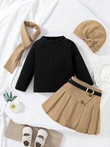 SHEIN Bộ 4 món váy vải tuýt họa tiết thanh lịch cho bé gái, áo len jacquard, khăn quàng cổ và mũ, thu/đông - màu nâu - Xem 3
